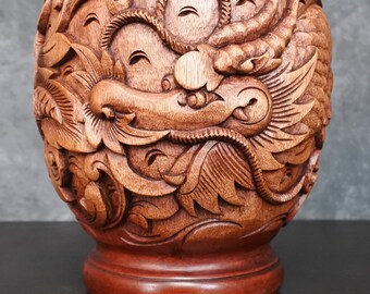 ヴィンテージ バリ風 ドラゴン 花柄 手彫り 木製 民芸品 花瓶 - Etsy 日本