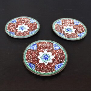Antique Persian Minakari Enamel Floral Birds Tea & Coffee Cups Saucers Tray Set image 6