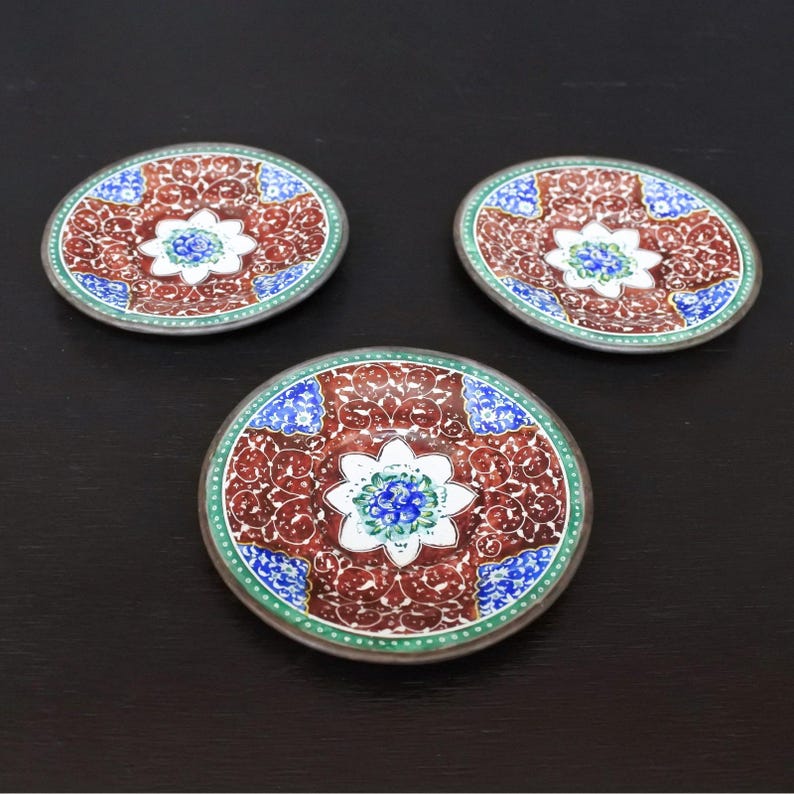Antique Persian Minakari Enamel Floral Birds Tea & Coffee Cups Saucers Tray Set image 6