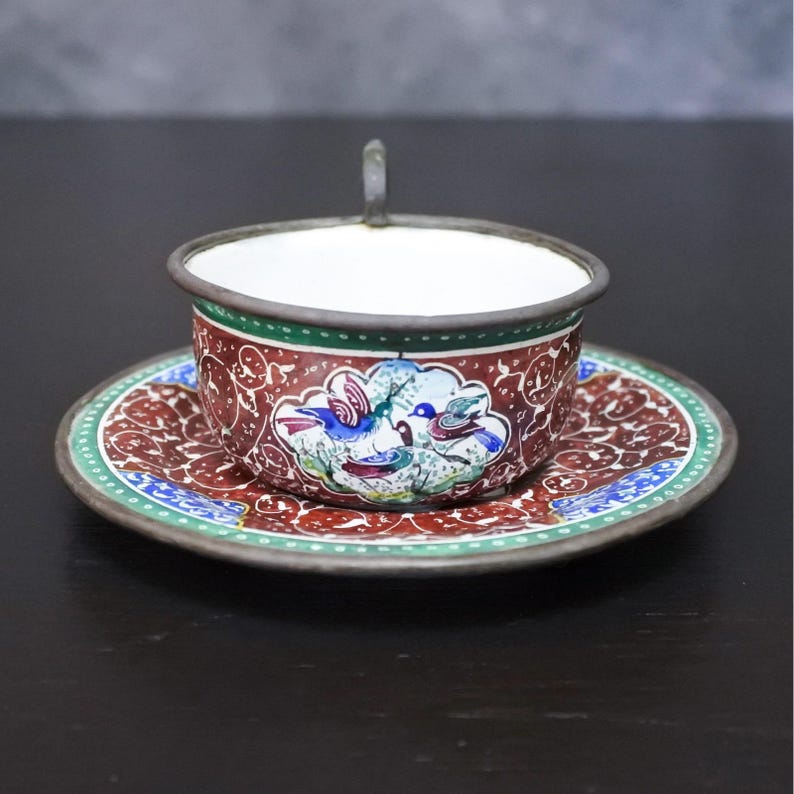 Antique Persian Minakari Enamel Floral Birds Tea & Coffee Cups Saucers Tray Set image 10