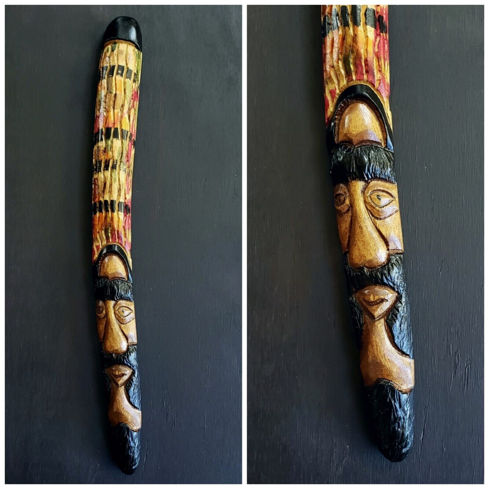 ヴィンテージ手彫り木製フォークアート彫刻、部族の木製装飾壁掛け