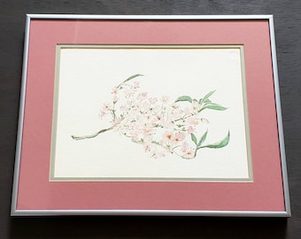 Vintage Original Pink Flower Watercolor Painting Artwork Framed Wall Art