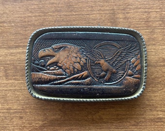 Etched Leather and Brass American Eagle Belt Buckle