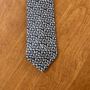 Christian Dior Blue Tie with Gray & Red Geometric Pattern