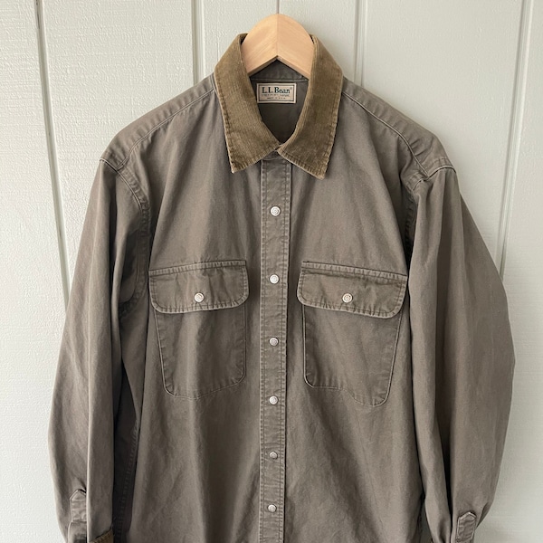 LL Bean Green Canvas Work Shirt with Corduroy Collar - Tall Large