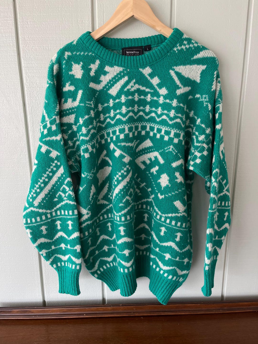 Silver Fern Funky Green Geo Pattern New Zealand Wool Sweater - Etsy