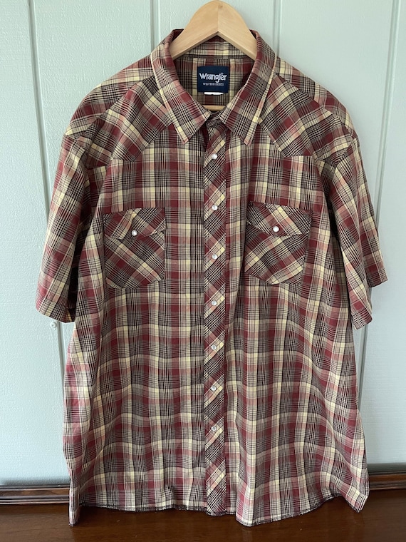 Chemise Homme Wrangler Western – Taille M – Carreaux Marron – Manches Courtes – Snap