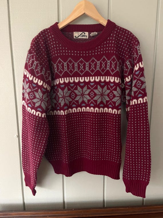 Steep Slopes Maroon Fair Isle Snowflake and Birdseye Sweater