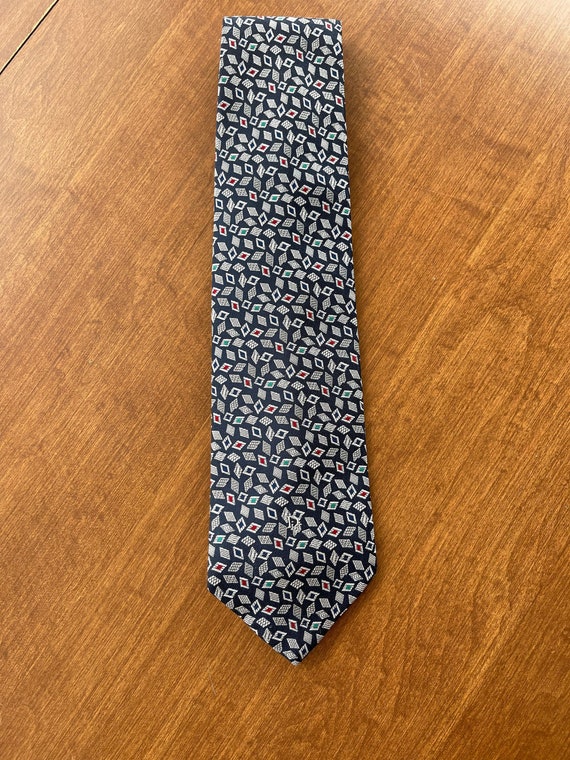 Christian Dior Blue Tie with Gray & Red Geometric 