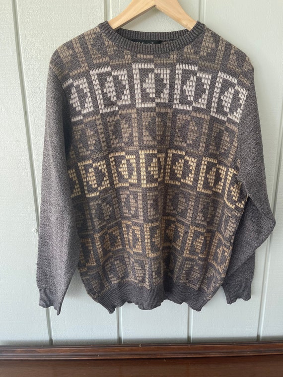 St Croix Gray Checkered Pattern Knit Sweater