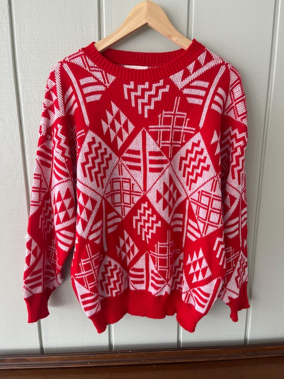 AMI, Bel-Ami Red and White Funky Geo Pattern Sweater