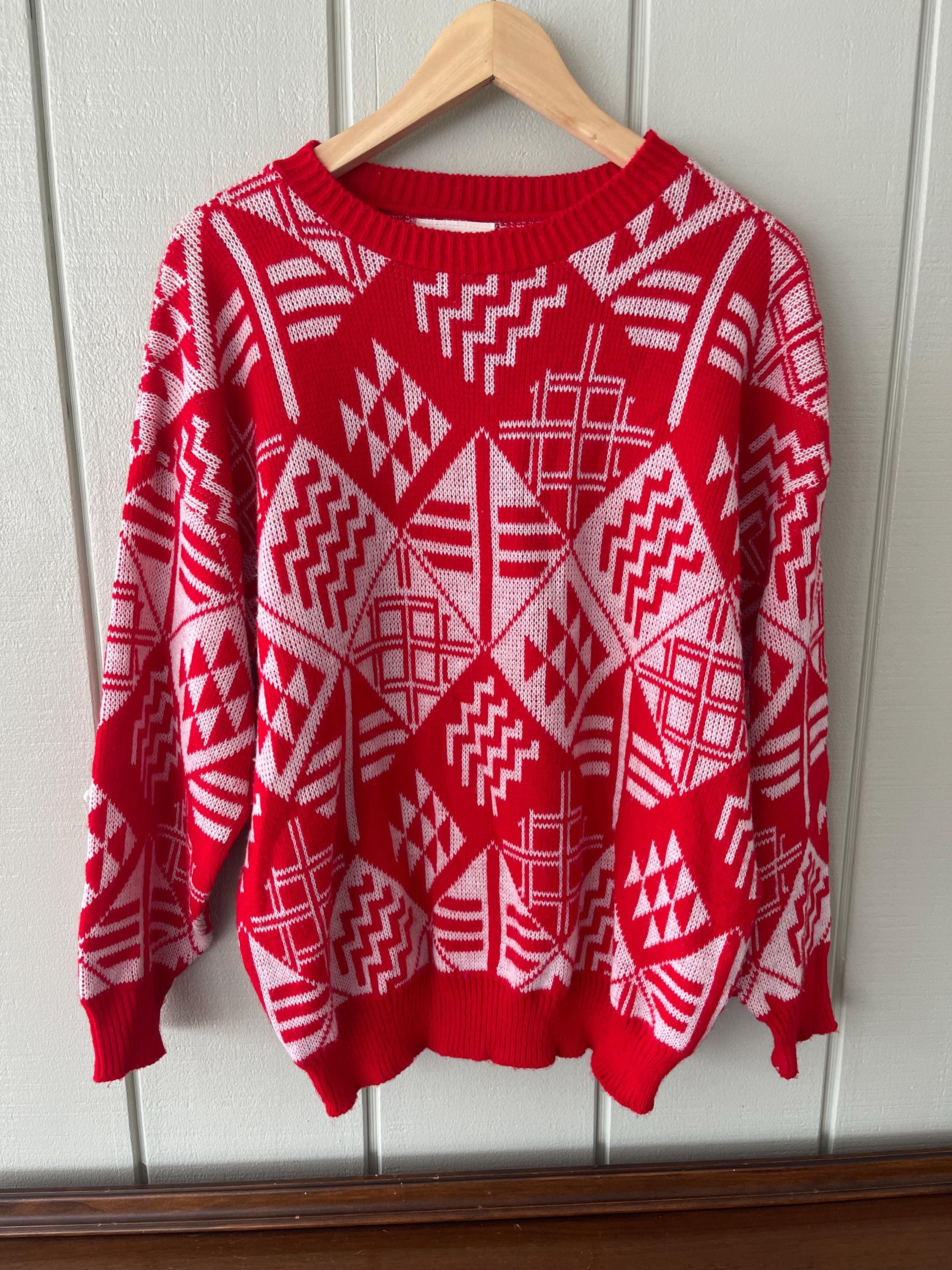 AMI, Bel-Ami Red and White Funky Geo Pattern Sweater