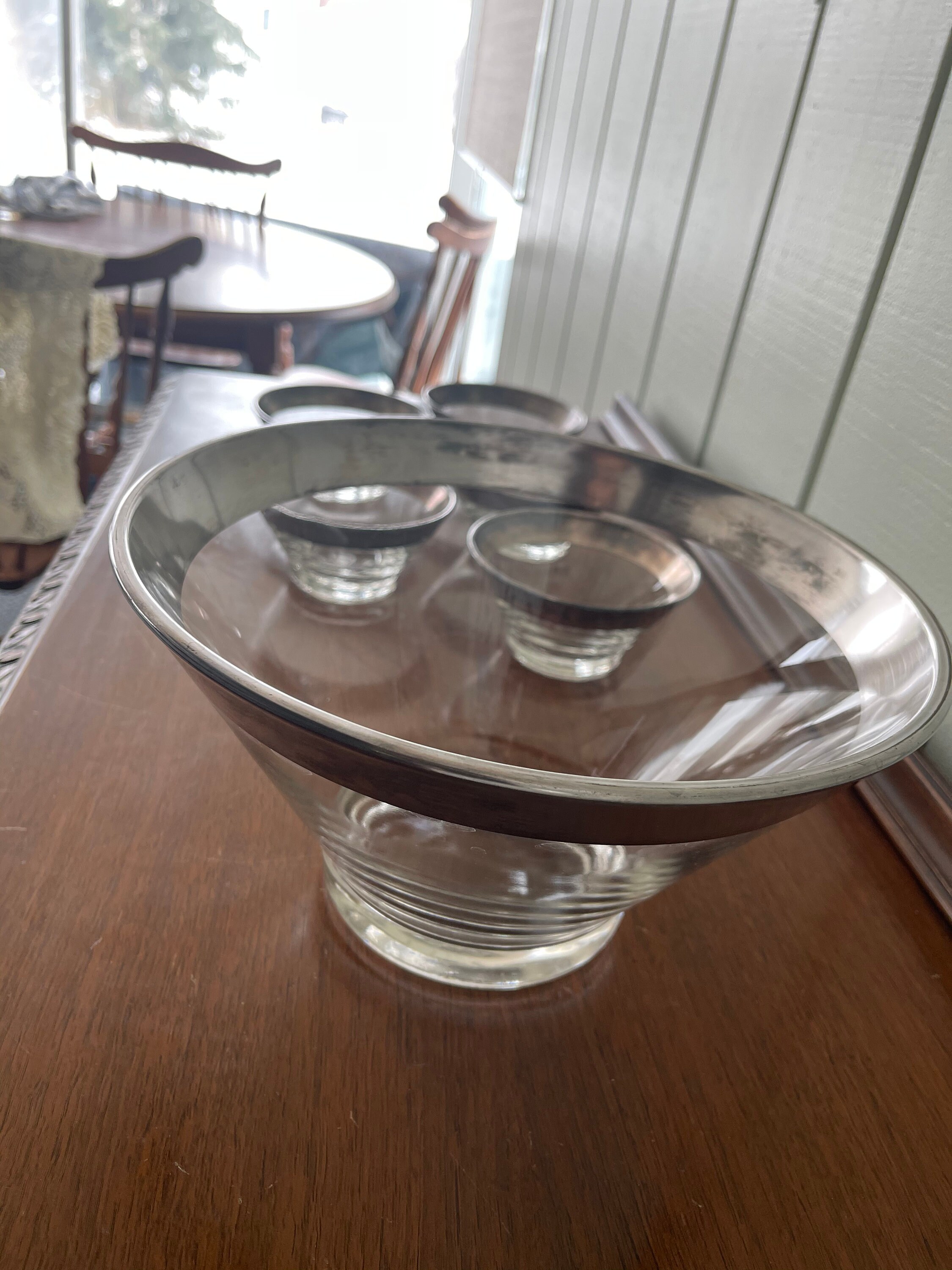 MCM Glass Salad Serving Bowl Set with Silver Trim Etsy