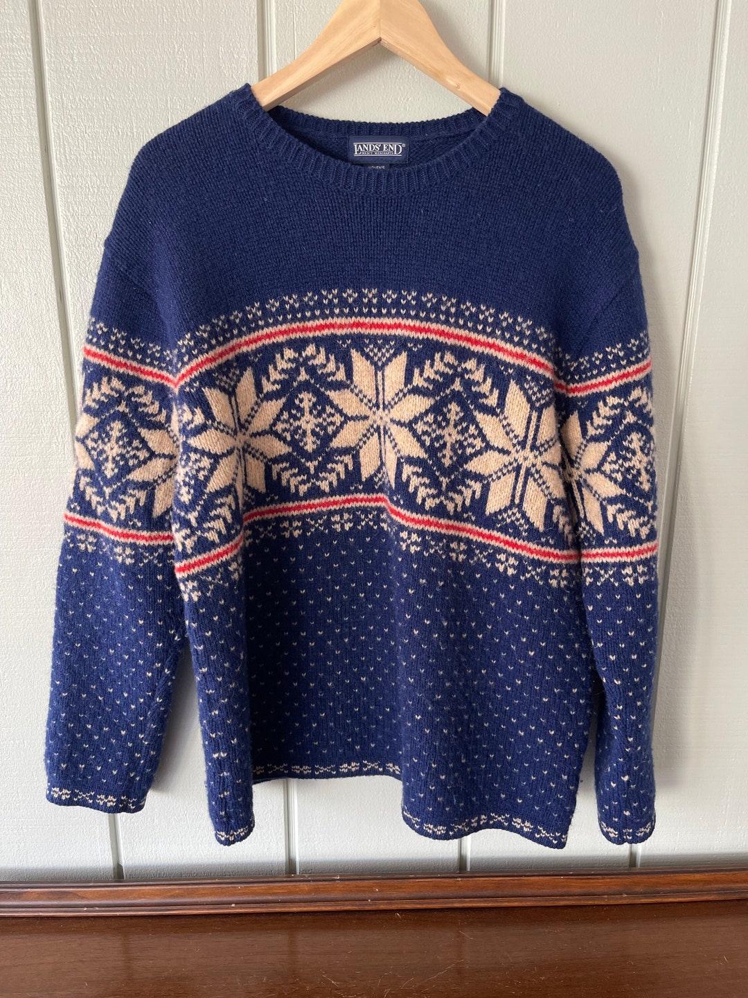 Lands End Blue Fair Isle Snowflake Pattern Wool Sweater Etsy