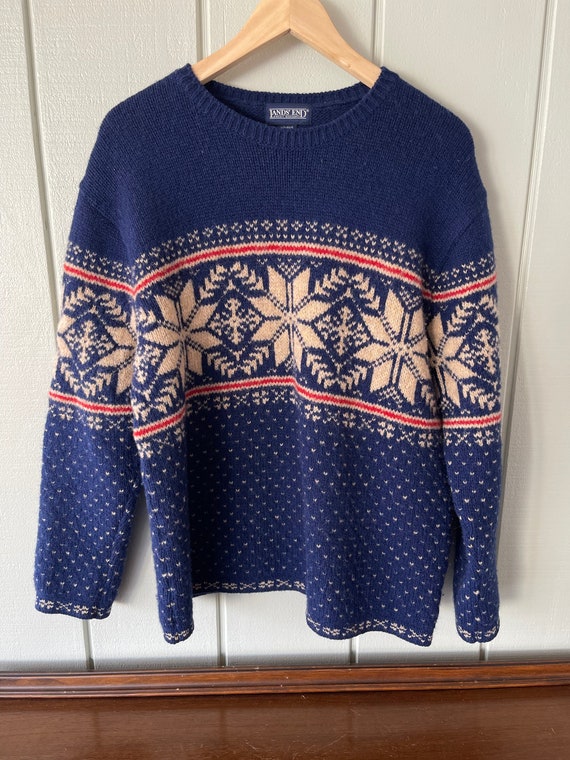 Lands End Blue Fair Isle Snowflake Pattern Wool Sw