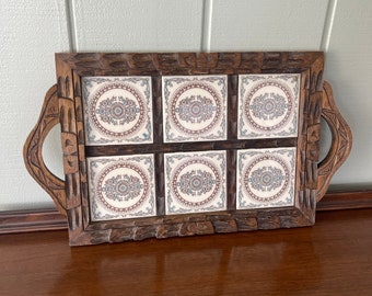 Hand Carved Wooden Serving Tray with 6 Inlaid Ceramic Tiles