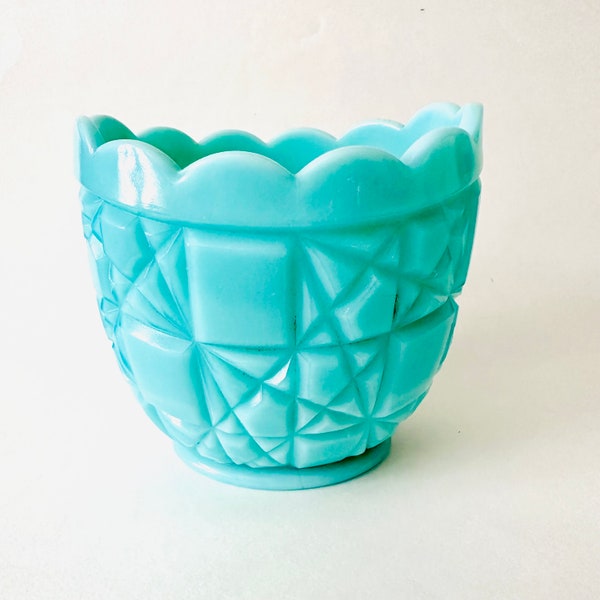 Vintage Fenton Turquoise Milk Glass Oval Sugar Bowl - Block and Star Pattern in Excellent Condition - scarce.