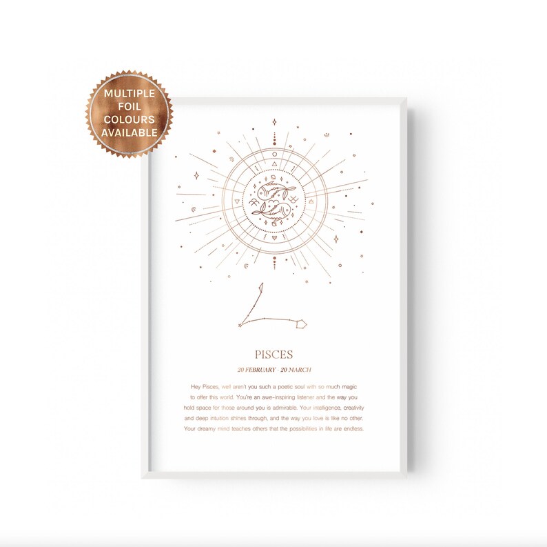 Quotes Decor Pisces Celestial Home Star Sign Wall Art Rose Gold Silver Foil Zodiac Astrology Affirmation Moon Stars Horoscope