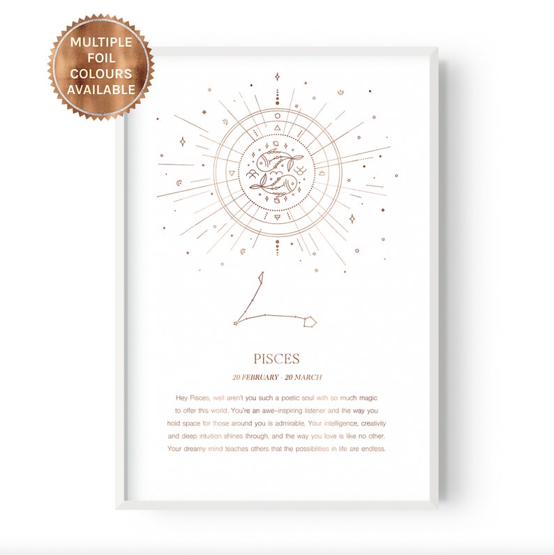 Quotes Decor Pisces Celestial Home Star Sign Wall Art Rose Gold Silver Foil Zodiac Astrology Affirmation Moon Stars Horoscope