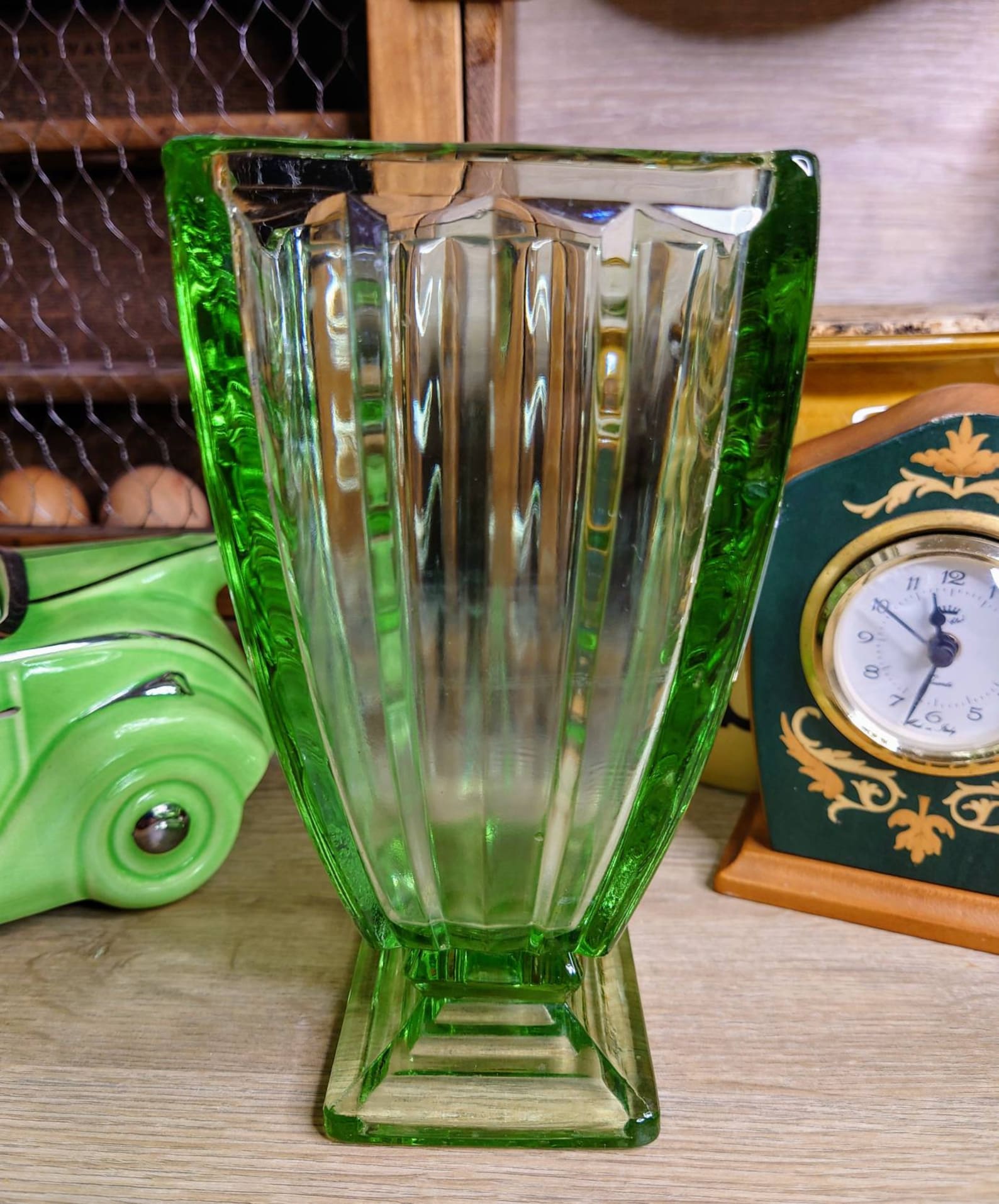 Art Deco Large Vase in Transparent Green Glass in the Style of Etaleune, Paris For Sale at