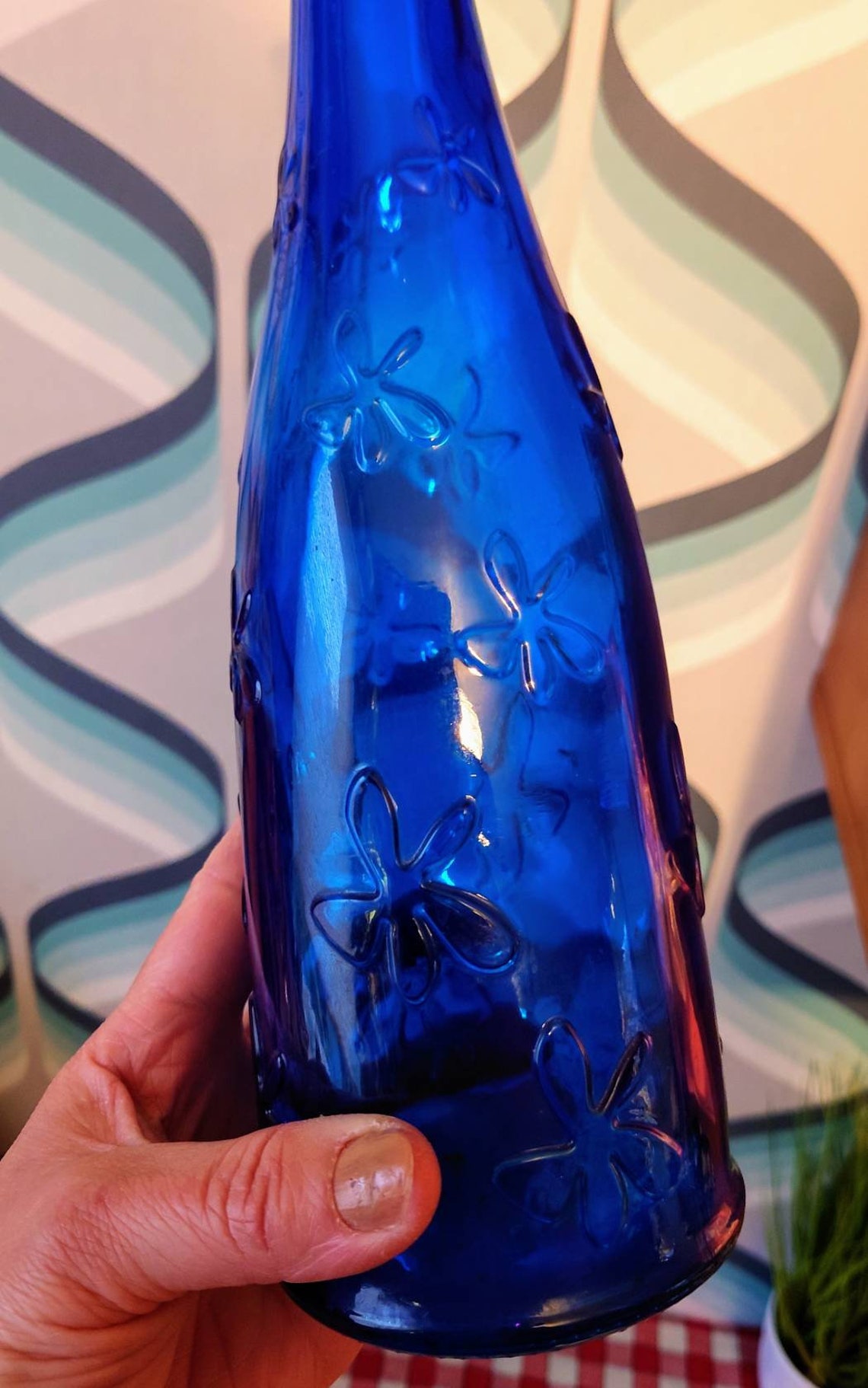 Vintage IKEA Cobalt Blue Glass Bottle With Embossed Flowers. Etsy