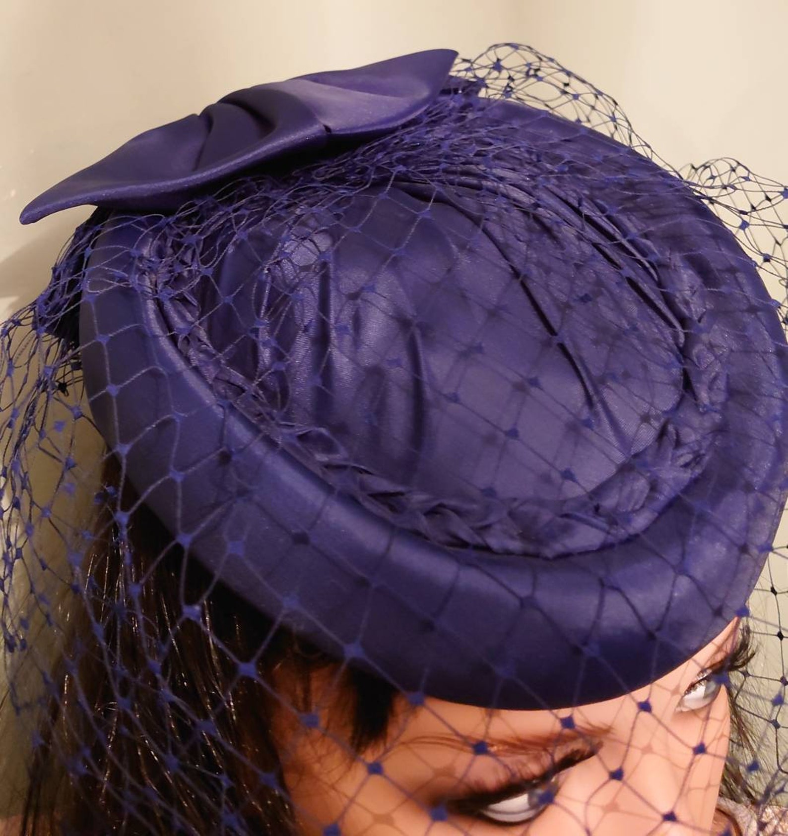 vintage navy pillbox birdcage hat. Mesh net veil. Etsy