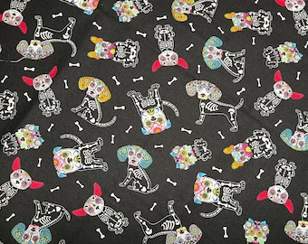 Sugar Skull Dogs on Black Cotton Fabric 3/4 yard | Destash