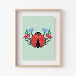 Floral Ladybug Print | 5x7 or 8x10 Wall Art for office, dorm, bedroom, and more