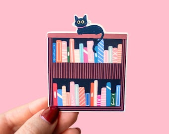 Black Cat Bookshelf Sticker: Water-Resistant Vinyl Laptop Decal