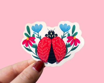 Floral Ladybug Sticker: Water-Resistant Vinyl Critter Decal