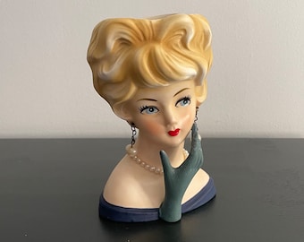 Rare Vintage Lefton Lady Head Vase with Green Glove and Hanging Pearls