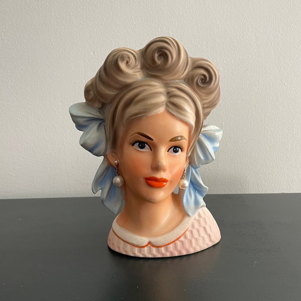 Vintage Enesco Smart Girl w/Big Blue Bows Head Vase Lady Planter