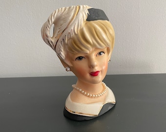 Vintage Relpo K1661 “Fancy Hats” Lady Head Vase Feather Plume Hat