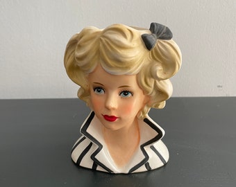 Adorable Head Vase with Striped Shirt and Hair Bow