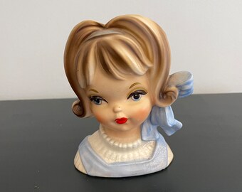 Inarco Vintage MCM E-2767 Head Vase Young Girl with Bow and Blue Dress
