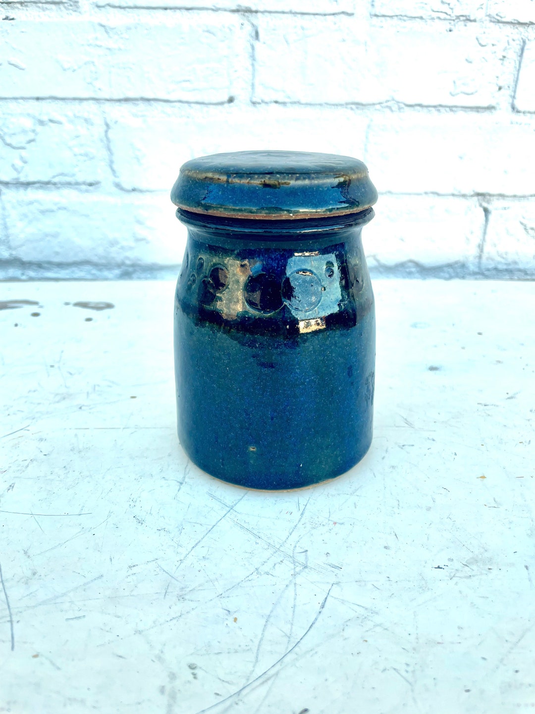 Vintage Pottery Jar With Lid Blue and Teal With Circle Etsy