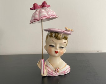 Umbrella Girl head Vase - Girl with Original Ceramic Umbrella, 1950s Japan 5.5”