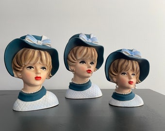 Three Sisters Vintage Napcoware Lady Head Vase Napcoware #C7494, #C7495, #CC7496 (Sold Separately)