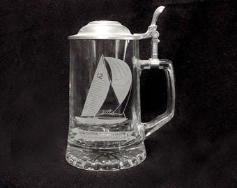OLD SPICE Glass Tankard West GERMANY Pewter Lid Etched Alwe Stein 12 Meter Racing Sloop