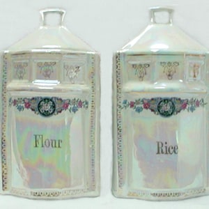 2 Antique LUSTERWARE Ceramic Canisters FLOUR & RICE with Lids White Block Pottery Made in Germany
