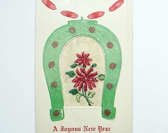 Antique NEW YEAR Post Card EMBROIDERED Fabric Panel Embossed Horse Shoe & Flowers Unused