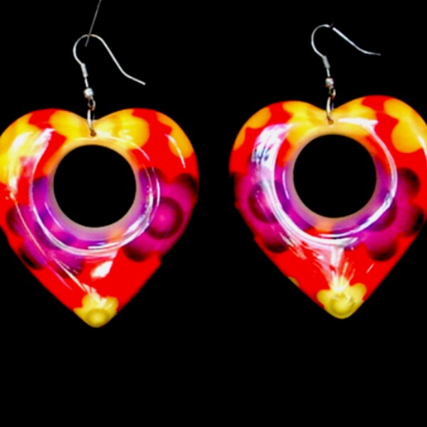 Big  Bright Colorful HEART Earrings FLOWER POWER Mod Flowers Red Purple Orange GoGo Style 2-1/4" Long
