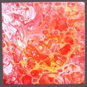 May include: Abstract painting with swirling patterns in shades of red, orange, yellow, and white.
