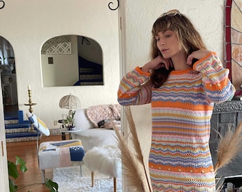 70s Vintage Crochet Mini Dress | Knitted Dress Mod Style VTG