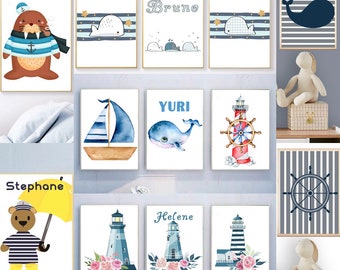 Marine Posters - Children's/baby's room / wall decoration / sailor / boat / whale / sailor's room / sea / Brittany / A4