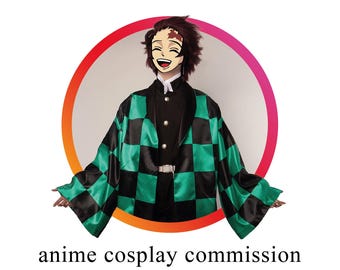 May include: A cosplay costume featuring a character with brown hair and a scar on their forehead. The costume includes a black and green checkered haori, a black uniform, and a white belt. The text "anime cosplay commission" is at the bottom.