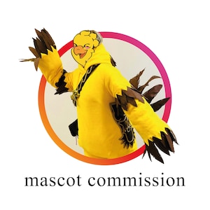 May include: A yellow mascot costume with brown feather detailing and a smiling bird face. The costume features a black strap and is set against a white background with a pink and orange circle. The text "mascot commission" is at the bottom.
