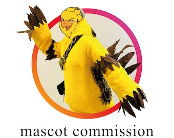 May include: A yellow mascot costume with brown feather accents and a smiling bird face. The costume has a black strap and is set against a white background with a pink and orange circle. The text "mascot commission" is at the bottom.