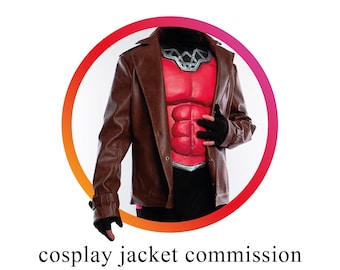 May include: Brown leather-look jacket with a red muscle chest and black gloves. The jacket has a classic design with a collar and button closure. The text "cosplay jacket commission" is at the bottom.