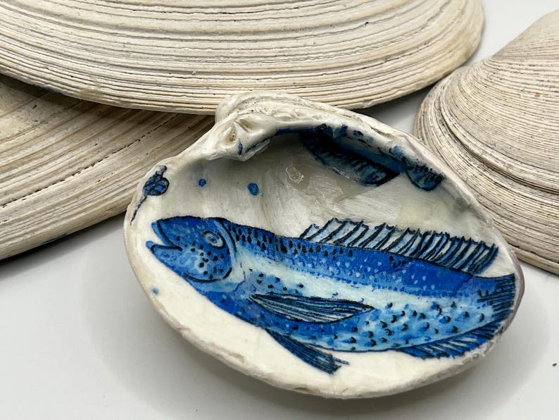 Petite Clam Shell Trinket Dish Blue Fish Ocean Coastal Beach Photo Inspiration